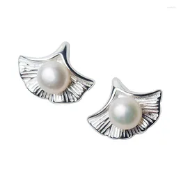 Studörhängen 925 Sterling Silver Liten Fresh Ginkgo Leaf Freshwater Pearl For Women Sweet Fashion Piercing Smycken