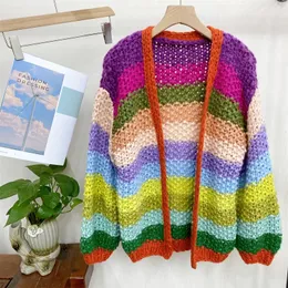 Cardigan grosso arcobaleno fatto a mano da donna primaverile in capispalla in maglia bohémien multicolore 240228