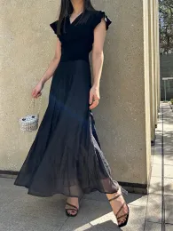 ドレス新しいエレガントなパッチワークアラインドレスフリルフライングスリーブvneckニットベスティドス2023夏の日本コンジェントスカート女性