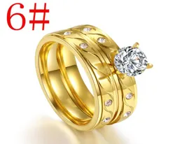 WholeStainless steel ring set with round large zircon titanium steel plated gold man and woman couple ring1664287