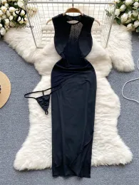 Elbise Singreiny 2023 Sırtsız şeffaf örgü şehvetli geceleme Korean Hollow Out Split Bodycon Uzun Elbise+Erotik Mesh Nightwear