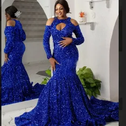 Abiti da sera a sirena con paillettes blu scintillanti Collo gioiello vintage Maniche lunghe con cerniera posteriore Abito da ballo con scollo a barchetta Plus Size Abiti De