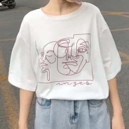 T-Shirts kuakuayu HJN Damen Koreanische Mode Gesichter Kunst Zeichnung TShirt Ästhetischer Street Style Ulzzang T-Shirt 90er Jahre Lolita Kawaii Top