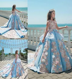 2018 Mavi Dantel Kızlar Pageant Elbiseleri Balo Elbise Çocuk Doğum Günü Tatil Düğün Elbiseleri Genç Prenses Toddler Elbiseler SW9130666