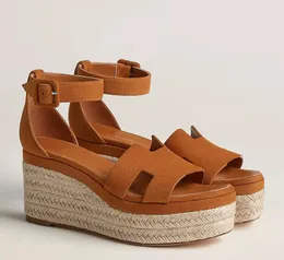 Lüks Kadın Kama Sandal Kama Sandalları Elda Espadriller Deri ve Süet Kama Daireleri Ayak Bileği Kayış Çim Dokuma Tek Platform Topuklar Açık Ayak Parmağı 35-41Box