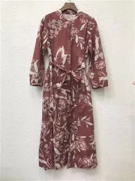 Vestido 100% algodão camisa feminina vestido floral estampado botões cobertos em torno do pescoço rendas cinto midi robe para feminino primavera verão 2023