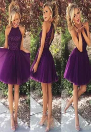 Elegant Beaded Halter Purple Homecoming Dress A Line Open Back Tulle Short Prom Party Dress 8th Grade Girls Graduation Gowns9625232