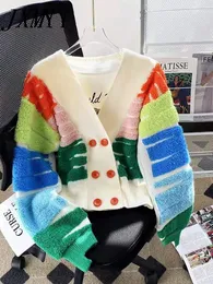 JXMYY Autumn and Winter Fashion Rainbow Stripe Knitted Cardigan Womens Casual Loose Sleeve Sweater Coat 240227