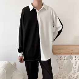 Homens camisetas Coreano Personalidade Preto Branco Manga Longa Homens Camisa Polo Emendado Hit Color Adolescentes Business All-Match Casual Oversized