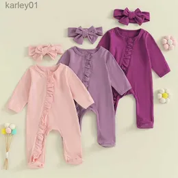 footies sunsiom2 pcs baby girls footies outfits solid color long color footed zipper romper andかわいいヘッドバンドセット幼児用yq240306