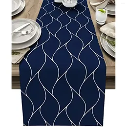 Tovaglia Runner in lino a righe ondulate blu navy, sciarpe per comò, decorazioni lavabili per pranzare, decorazioni nuziali