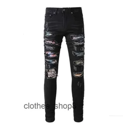 Denim amirs jeans designer byxor man faller 875 high street am mode märke svart färg patch elastisk trasig smal rak ben mens 3trc