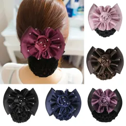 Rose Blume Häkeln Haarnetz Dutt Abdeckung Schleife Haarknoten Snood Haarnadeln Große Schleife Haarspange Dutt Satin Strass Haarspange ZZ