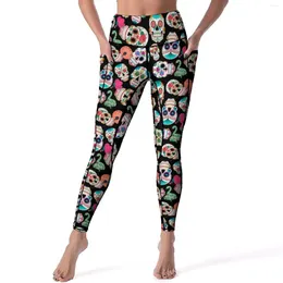 Leggings da donna Teschio di zucchero colorato Giorno sexy dei morti Pantaloni da yoga push up Leggins elasticizzati estetici Collant sportivi da allenamento per donna