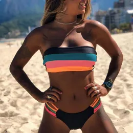 2023 Bikini Swimsuit Women Swimwear Colored Stripes Set Pushup Padded Bra Bathing Beachwear Female Brazilian Biquini 240223