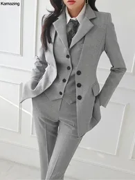 Fashion Office Lady 3 Piece Blazer Suit Women Business Formal Outfits Vintage Notched Lapel Jackets Button Vest Pants Set 240228