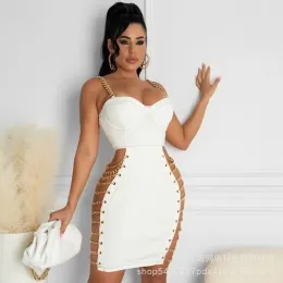 Dress Wepbel Sleeveless Metal Chain Strap Sling Tight Sheath Dress White Sexy Bodycon Dress Women Sexy Spaghetti Strap Mini Dress