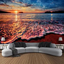 Summer Landscape Beach Sunset Sea Wave Tapestry Wall Hanging Printed Large Tapestry Estetic Dorm Interior Room Bedroom Decor 240304