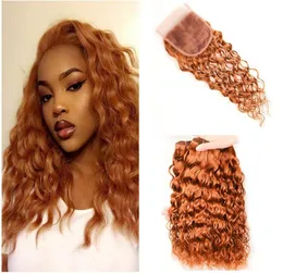 Brown Blonde 3 Bundles with Closure Brazilian Water Wave Curly Remy Human Hair Weave 30 Auburn 44 Lace Closures 4pcs lot6334894