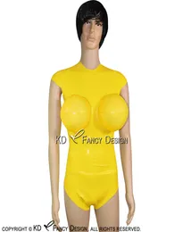 Gelbe sexy Latex-Badeanzug-Kostüme mit aufblasbaren Brüsten und Flügelärmeln, Ganzkörperanzug, Catsuit, Gummi-Bodysuit 02128749446