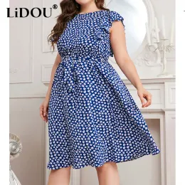 Dresses Summer England Floral Print Plus Size Dress Women Fashion Short Sleeve Ruffles Bandage Chiffon Vestidos De Fiesta Lady Clothes