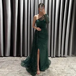 Glitter Dark Green Long Prom Dress 2024 One ramię koraliki długie rękawy cekinowe syrena kobiety formalne suknie wieczorowe do ukończenia szaty de