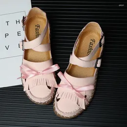 Sandaler kvinnor skor Mary Janes Leather Lovely Bowtie Woman Platform Pink Ankle Strap Lolita