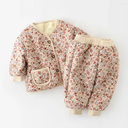 Clothing Sets 2024 Autumn Winter Children Girls Clothes Set Cotton Thick Floral Border Jogger Pants Suit Long Sleeve Single Breasted Outfit
