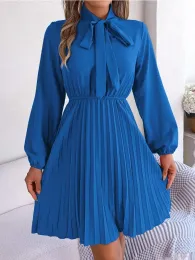 Kleid Damen Elegant Party Midikleid Langarm Hohe Taille Schwarz Blau Lose Gefaltete Abendkleider Herbst und Winter Kleidung 2023