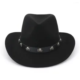 Berretti QBHAT Autunno Inverno Cappello da cowboy etnico jazz occidentale con fascia in pelle con teschio Donna Uomo Cappelli Fedora classici in feltro a tesa larga