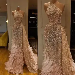 Glitter denizkızı gece elbiseleri şampanya tüyü payetleri yan bölünmüş dantel resmi parti önlükleri özel yapım uzun özel ocn elbise