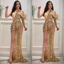 Vestido de baile sereia com glitter, um ombro, elegante, gola alta, miçangas de cristal, vestidos formais de noite, divisão lateral, vestidos de festa