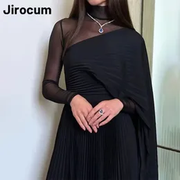 Jirocum High Neck Prom Gown Womens Tulle Full Sleeve Pleated Party Evening Gowns A Line Chiffon Ankle Length Cocktail Dress 240227