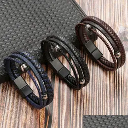 Charmarmband flätat rostfritt stål Mens pu läder armband magnet spänne 3 lager för män fashioin smycken droppleverans juvelr dh9uu