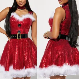 Vestido sunfanrtnn feminino traje de papai noel vestido cosplay natal vneck peludo fantasia vestido com capuz roupas de noite