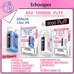 100% Original RAZ TN9000 Puff Disposable E Cigarettes 12ml Pod 650mAh Battery Rechargeable Electronic Cigs Puffs 9K 19 Flavours 5% Vape Pen