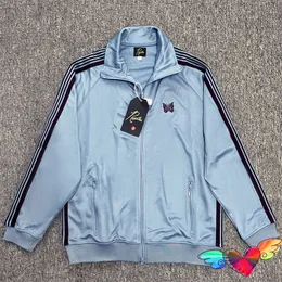 2024 Blue Zip Track Jacket 남자 여자 하이 스트리트 코트 스트라이프 자수 겉옷