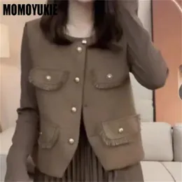 Waistcoats 2023 Autumn Winter elegant knapp Kvinnor Kort jacka rundhals Långärmad solida kvinnliga rockar Vintage Office Lady Commuter Coat