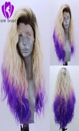 Часть высокотемпературного волокна блондинка омбре фиолетовый парик Peruca Cabelo 360 Фронтальная длинная волна воды Парики из натуральных волос Синтетическое кружево F6505857