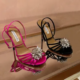 Skórzane sandały z nadrukiem Aquazzura Crystal Flower Gorosle kostkowe pięty szpilne obcasy 10,5 cmmwomen Luksusowe projektanci skórzane sukienki wieczorowe buty