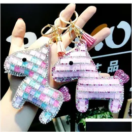 Portachiavi Cavallo Pony Animale Portachiavi Ciondolo con strass di cristallo Portachiavi per ragazza Donna Gingillo in pelle Scintilla Anello in metallo Borsa Drop Dhkys