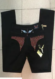 Mens Black Robin Jeans with All Red Crystal Studs Men Denim Pants with Metal Tag Men039s Jean size 30422665921