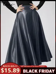 Women Long Skirts Fashion Leather PU Skirt Celmia Solid Office Lady Midi Skirts Elegant High-Waisted Party Skirt Bottoms 240222