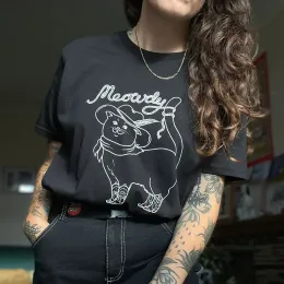 T-shirt Western Howdy Shirt Meowdy Kovboy Kedi Komik Meme Tshirts Yaz Kadınlar Sıradan Sevimli Grafik Tees pamuk moda estetik tepeleri