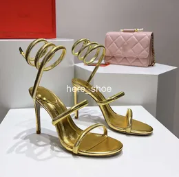 Gold Sandals 고급 디자이너 Stiletto Heel Womens Shoes Crystal Rhinestone Twining Foot Ring 10cm High Heeled Narrow Band Sandal 35-40