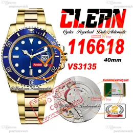 40mm 116618 VS3135 Automatisk herrklocka Clean V5 Ceramic Bezel 18K Yellow Gold Blue Dial 904L Rostfritt stål Armband Super Edition Samma Series Card Puretime Reloj