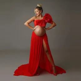 2 In1 Chiffon Bow Maternity Poshoot klänning Set gravid kvinna Bowknot POGRAPHY SIDES SLIT 240301