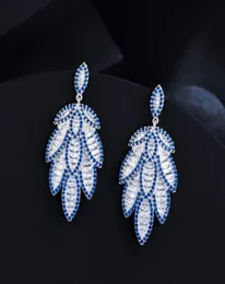 Dangle Candelier Beaqueen Trendy Blue Cz Stones Feather Forma de Brincos Longos para Mulheres noivado Casamento de Noivado Fine6432071