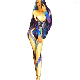 Stage Wear Sparkly Multicolor Manica lunga Donna Tute nude Cantante da discoteca Performance Costume da farfalla Body da ballo da sera