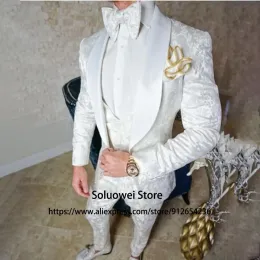 Suits Lüks Beyaz Jacquard Takımlar Erkekler İnce Fit 3 Parça Ceket Yelek Pantolonu Damat Düğün Prom Set